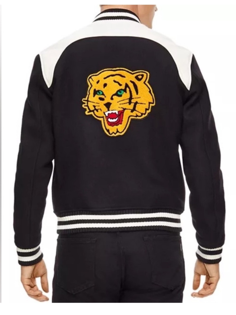 Sandro Tiger Varsity Jacket Black White Wool Leather Mens Size Small S